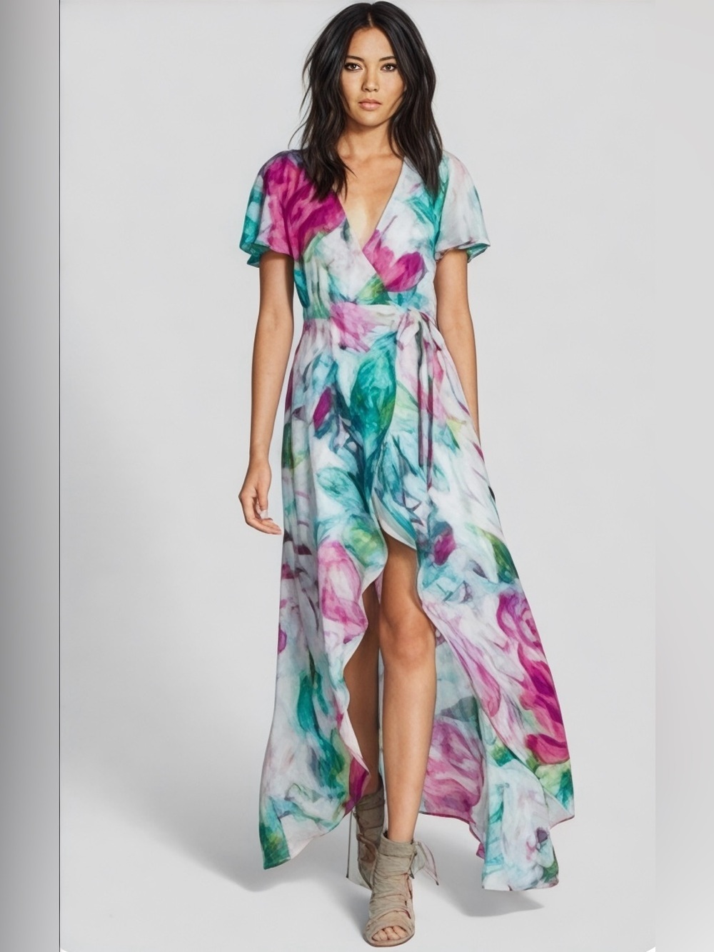 June & Hudson Floral Wrap High Low Dress 1 Large Teal Fuchsia